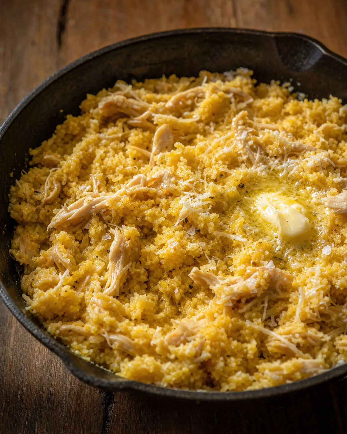 Masa Harina Chicken Skillet — A dry skillet, masa harina, and shredded chicken in broth - the ten-minute tamal...