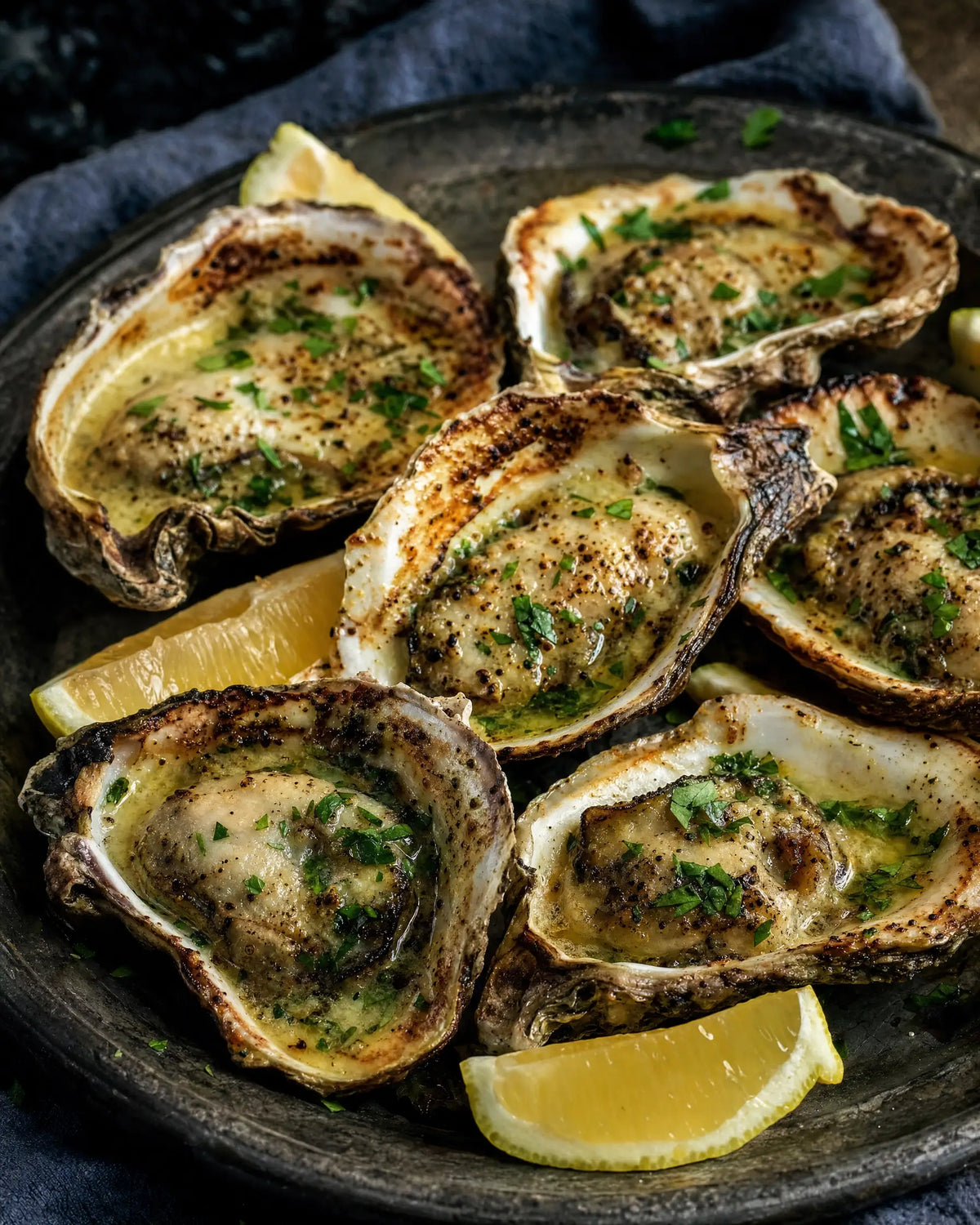 Oysters with Butter and Herbs — Fresh oysters on the half shell, butter, herbs, and a quick broil...