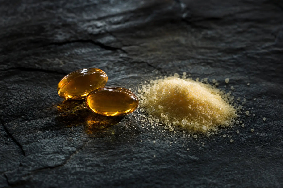 Two glossy amber capsules beside a crystalline powder of coenzyme Q10 on dark slate, lit from the side.