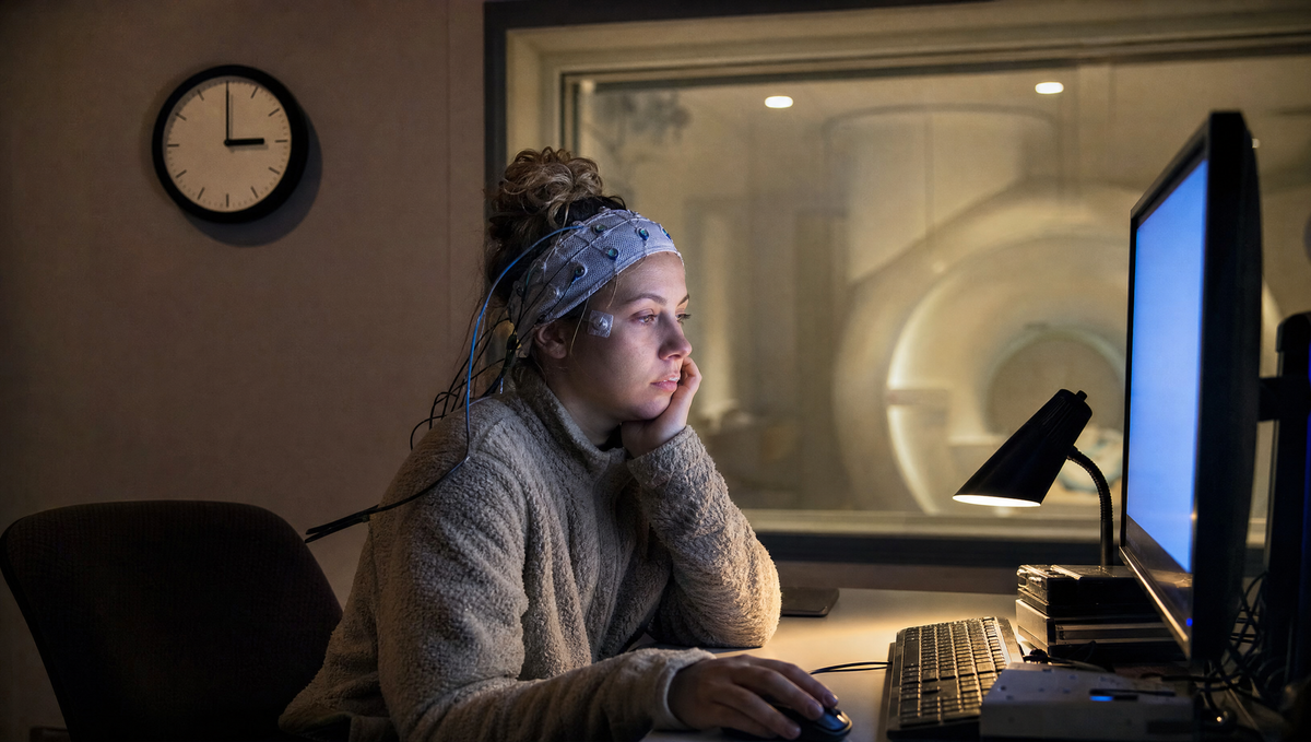 A tired research volunteer wearing EEG sensors takes a cognitive test at 3 AM in a sleep lab, with an MRI scanner behind the glass.