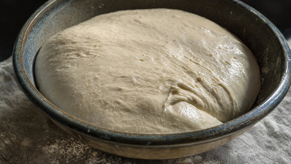 Airy sourdough dough rising in a stoneware bowl during bulk fermentation