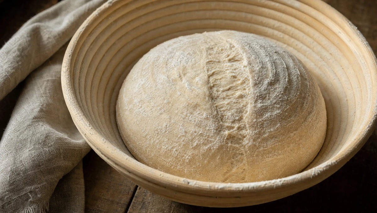 A shaped sourdough loaf in a flour-dusted banneton before its cold retard