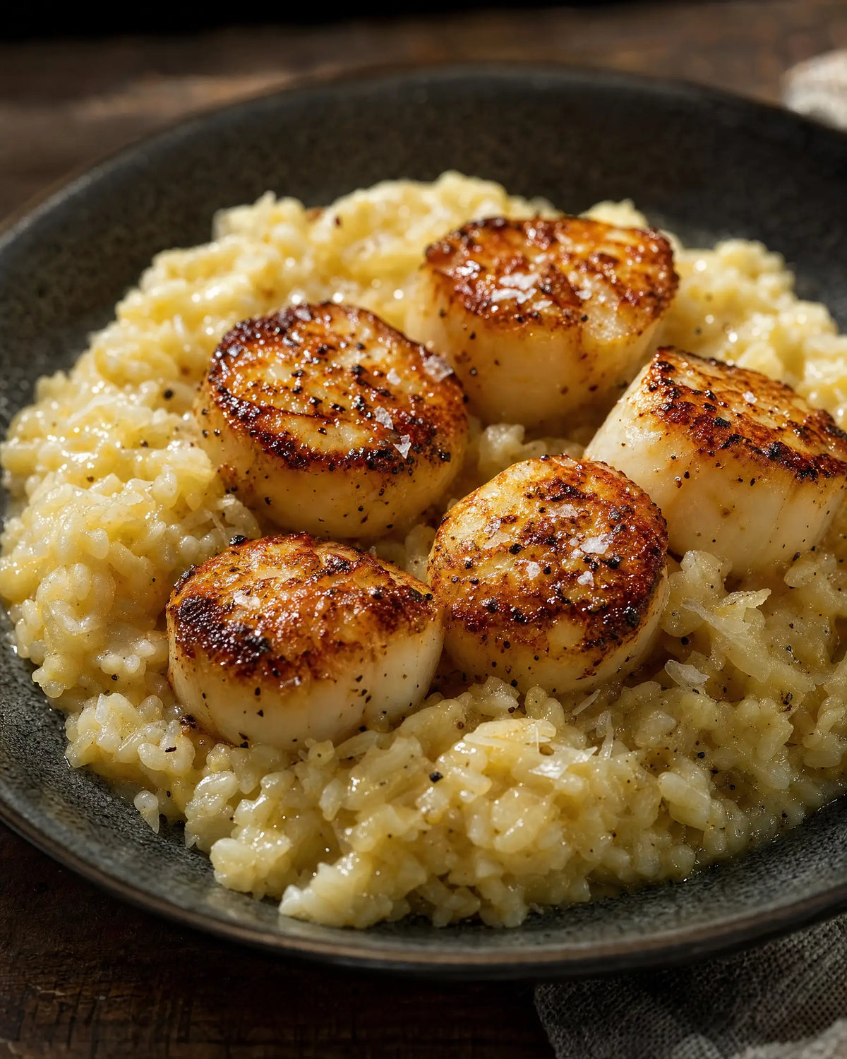 Seared Scallops on Parmesan Risotto — Day-old white rice cooked risotto-style in bone broth with aged cheese, topped w...