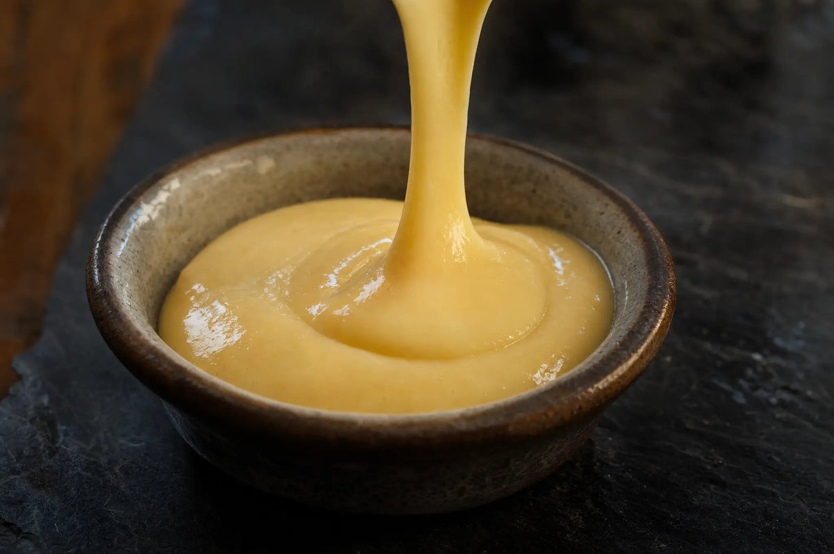 The Role of Bovine Colostrum in Reducing Inflammation — Thick, creamy bovine colostrum poured into a small stoneware bowl on dark slate, with a second pour caught mid