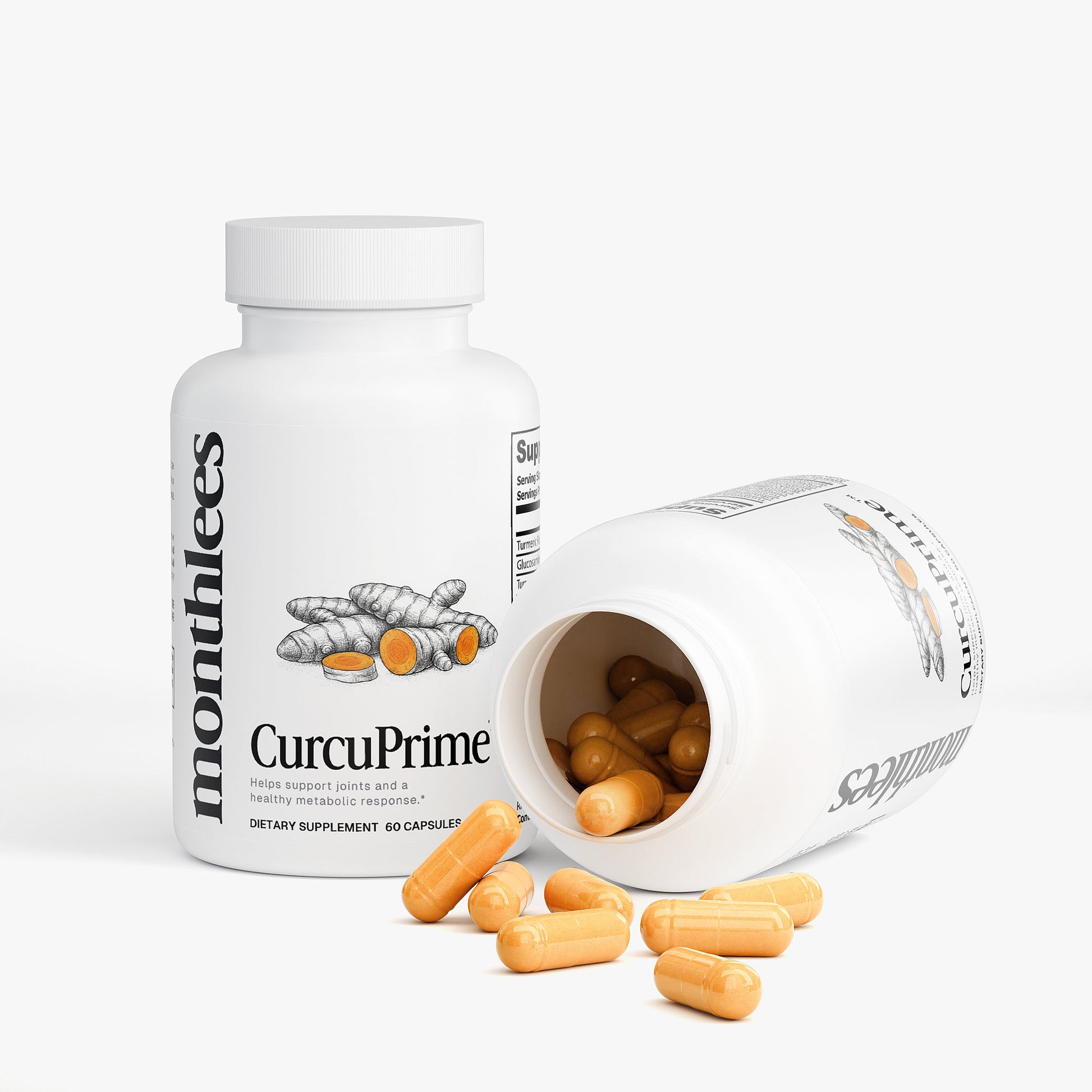 Supplement bottle labeled 'CurcuPrime' with capsules on a white background