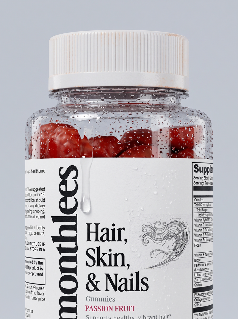 A close-up of a supplement bottle labeled 'monthlees Hair, Skin, & Nails' with gummies visible inside. The bottle has a white cap and white label with black text, photographed against a light gray background.