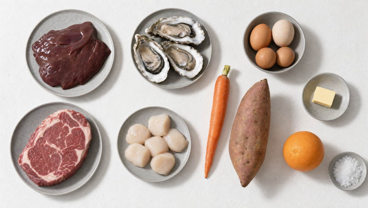 Ten whole foods laid out in a grid on grey stoneware: liver, oysters, eggs, ribeye, scallops, butter, carrot, sweet potato, orange and salt