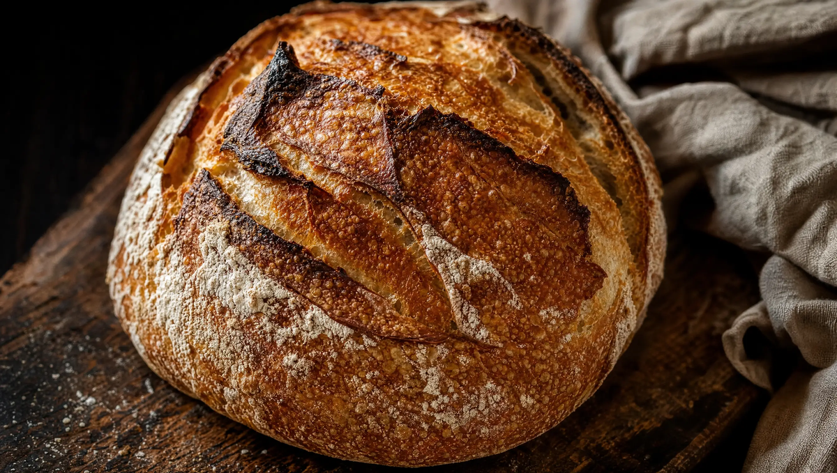 A rustic sourdough boule with a blistered, scored crust on a wooden board