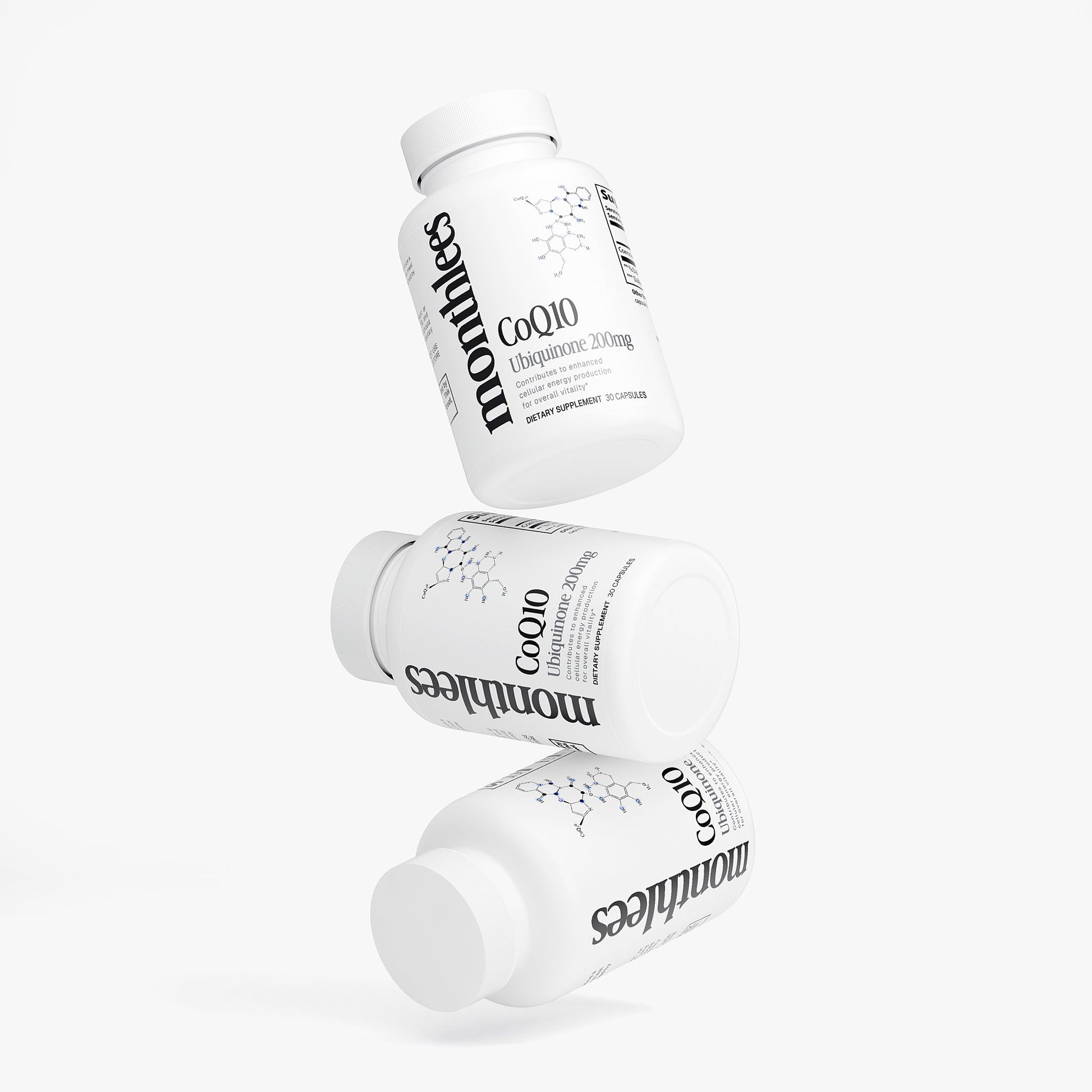 Three white bottles of montлез CoQ10 on a white background