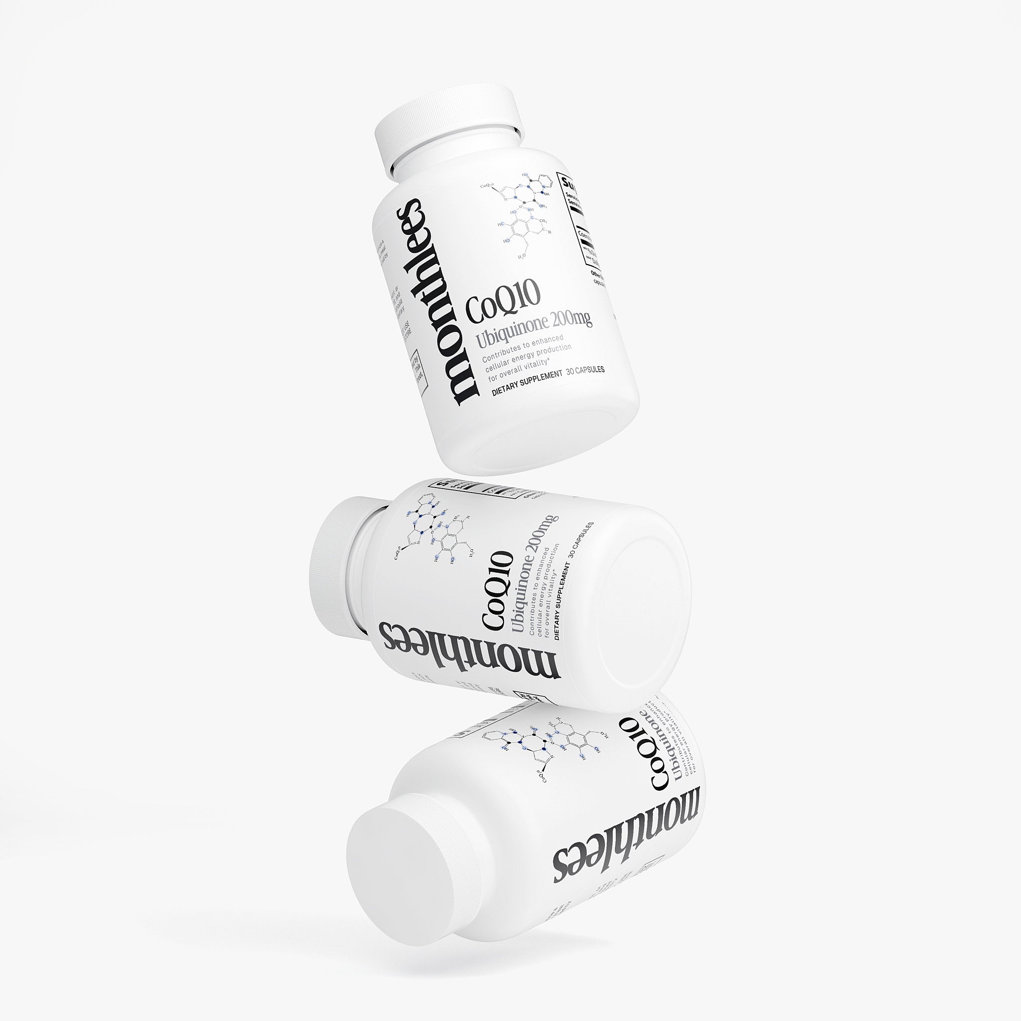 Three white bottles of montлез CoQ10 on a white background