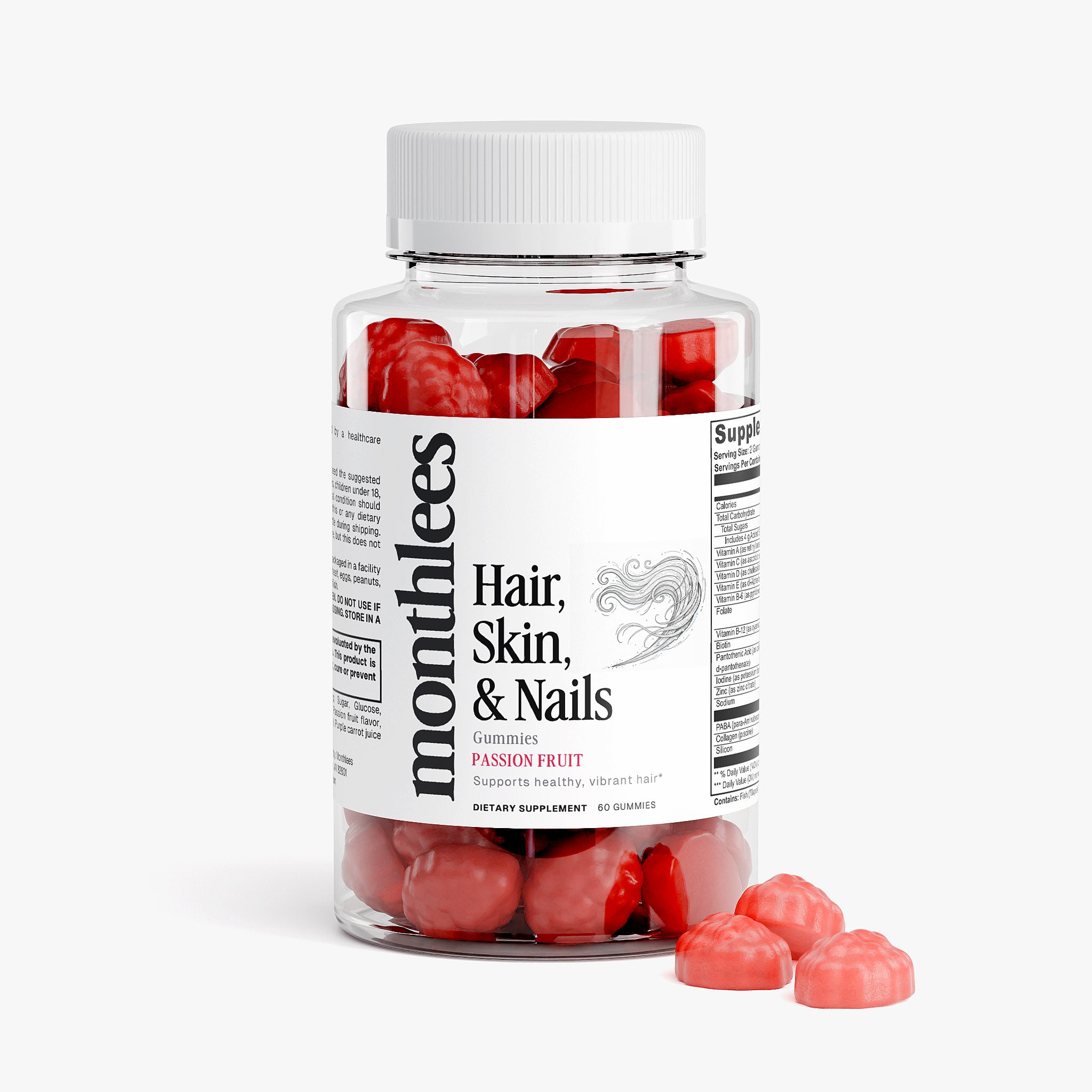 Bottle of Monthles hair, skin, and nails gummies with a white label on a white background