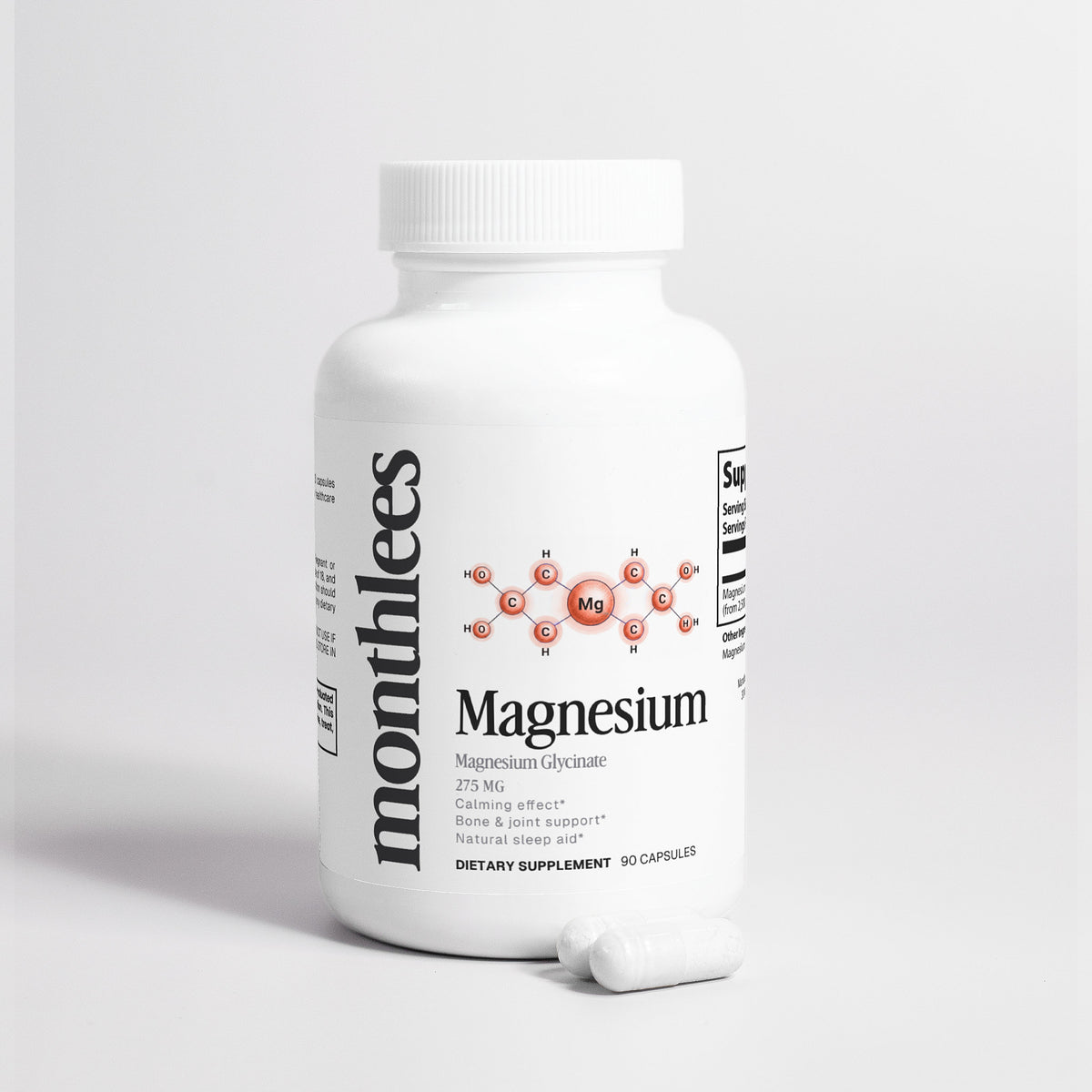 Supplement bottle labeled 'monthlees Magnesium' on a white background