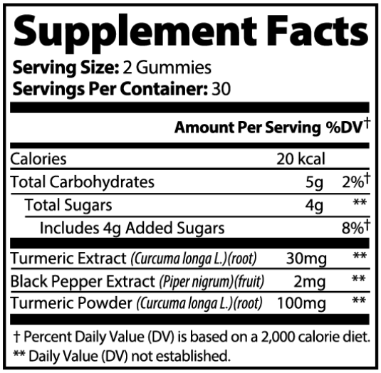 Supplement facts label for gummy vitamins with nutritional information.