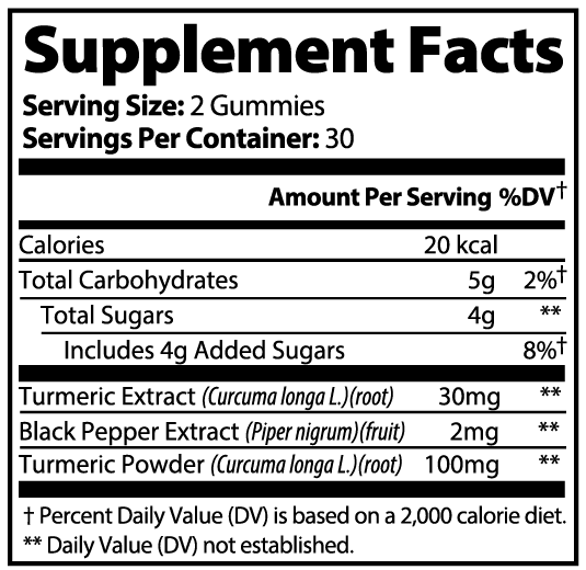 Supplement facts label for gummy vitamins with nutritional information.