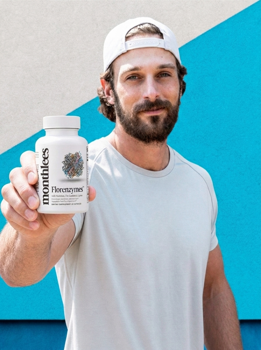 Christopher Walker Monthlees founder holding Florenzymes